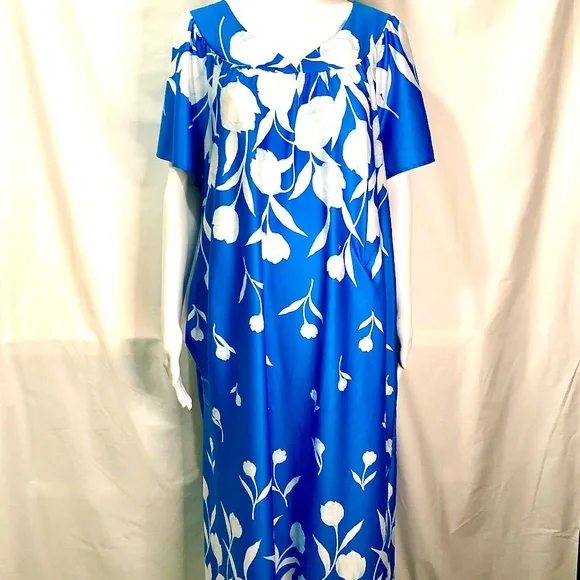 Vintage | Dresses | Vintage Granada 7s Blue Floral Print Mumu Maxi Dress  Size L | Poshmark